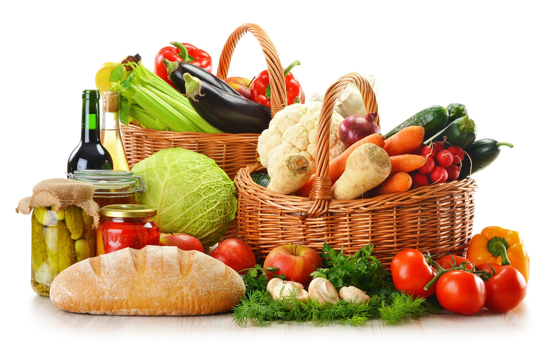 basket vegetables bread fruit tomatoes pepper