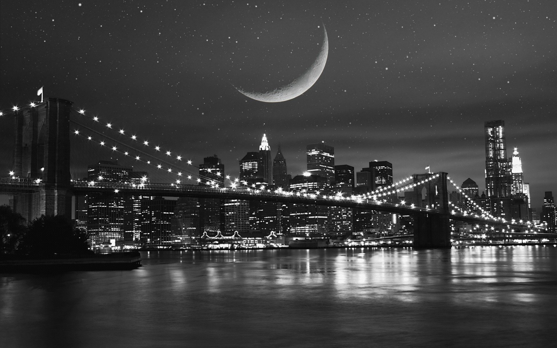 new york city night moon river bridge lights houses buildings sky stars reflection b/w lanterns b&w 1920x1200