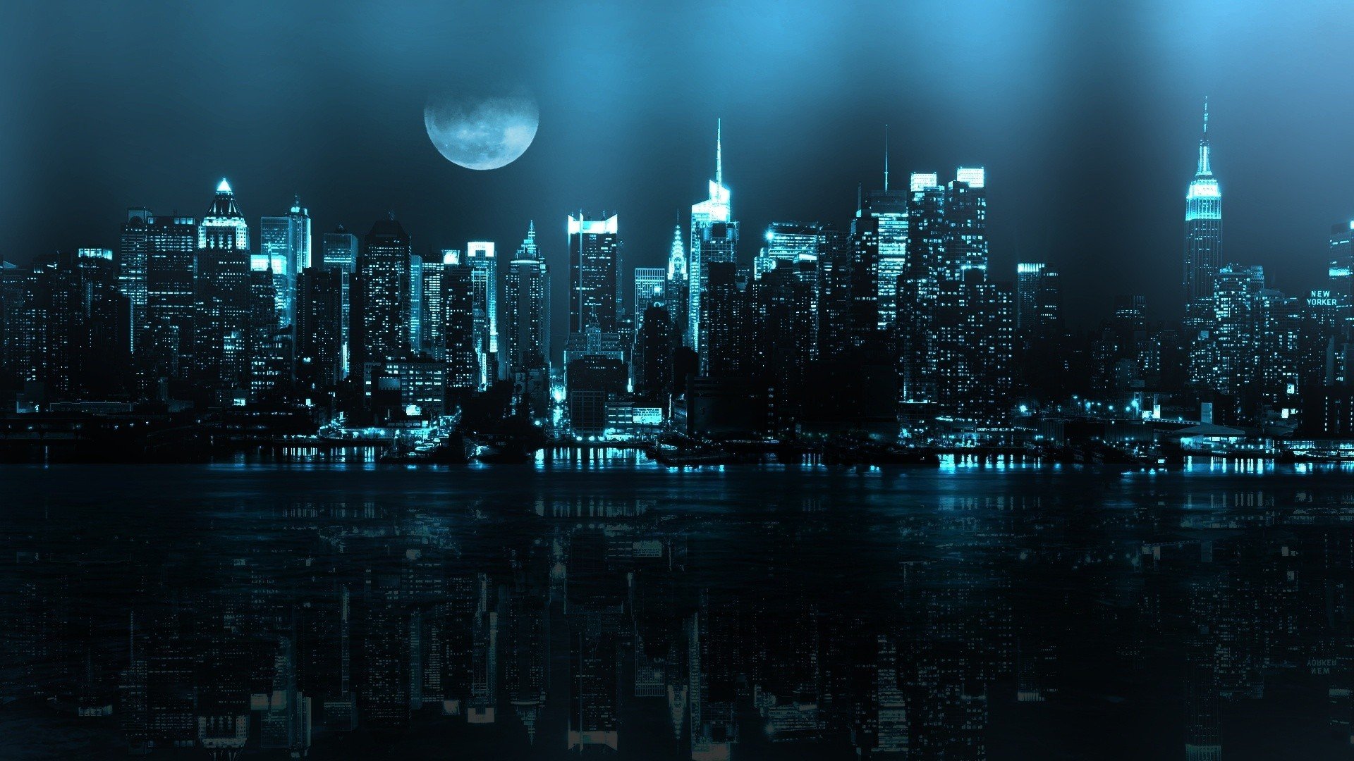 nacht mond reflexion fluss new york