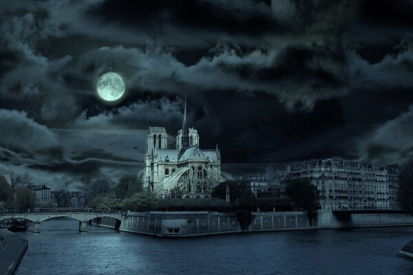 Notre Dame de Paris Cathedral in the light of the full moon