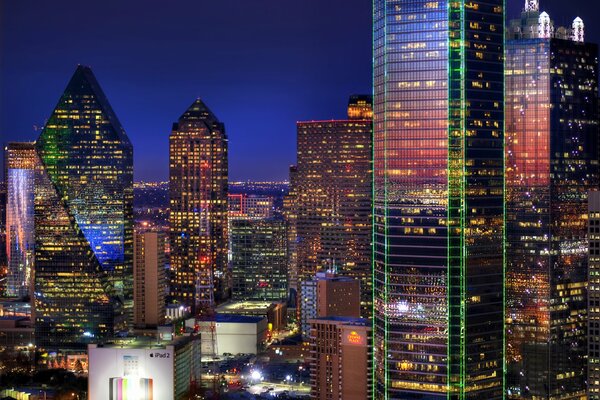 Evening lights of tall buildings in Dallas