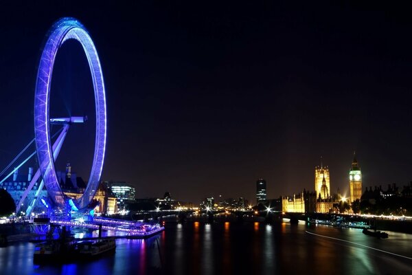 View from the Thames to the London Eye at night