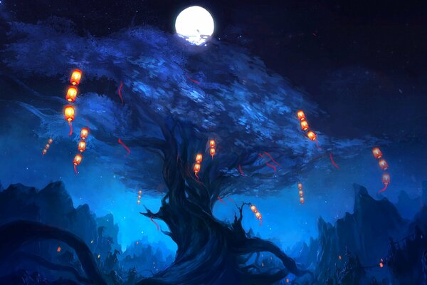 Burning lanterns on a night tree