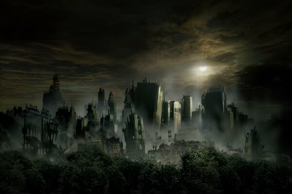 A ruined city in the dark. Full moon. Post - capoliptics