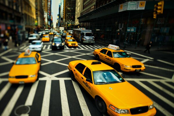 Yellow taxis on the crowded streets of New York