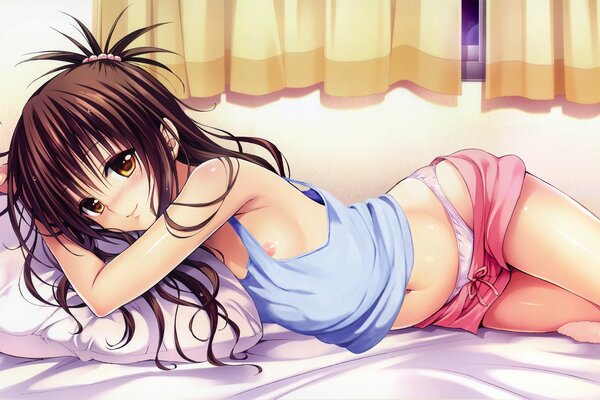 An anime-style girl is lying on the bed