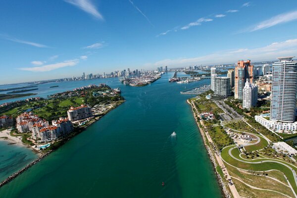 City buildings on the ocean