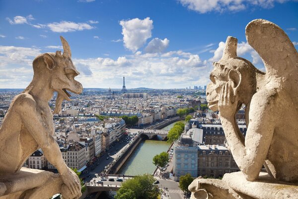 Architectural Gothic gargoyles - view of the city in France