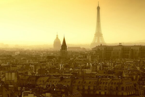 Eiffel Tower in the dawn fog