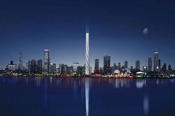 Reflection of Chicago in the lake at night under the moon