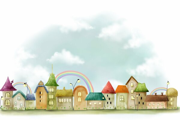 Drawing of buildings, lanterns and rainbows in the city