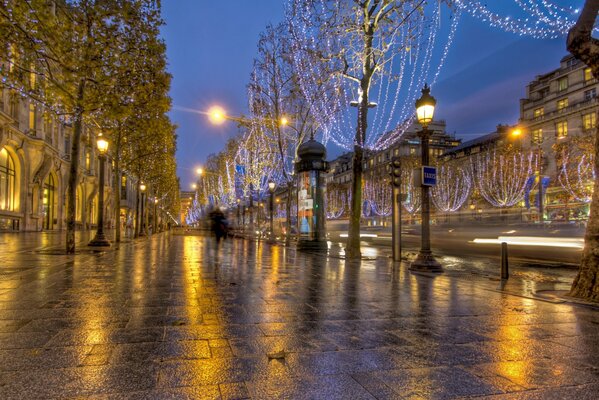 Paris France outside after the rain is beautiful at night