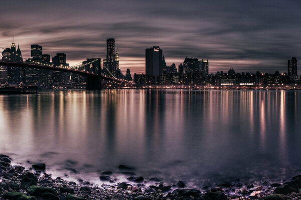 Panorama of the city through two bridges