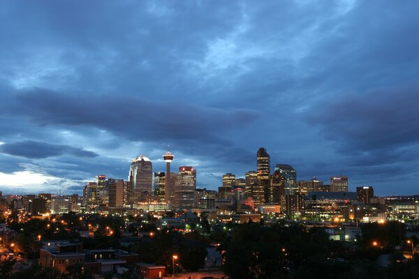 Evening lights in the city in Canada