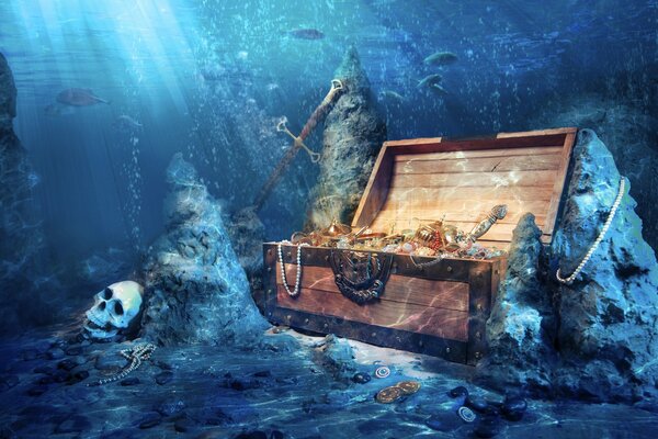 A treasure chest at the bottom of the water