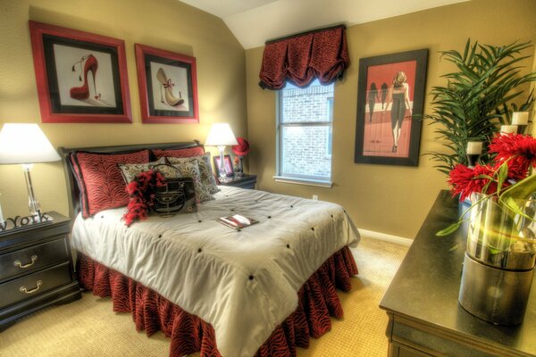 Bedroom interior with curtains on the walls