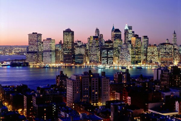 The lights of the skyscrapers of New York at night