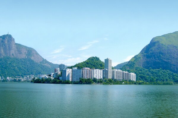 Rio de Janeiro. View from the ocean. The sky is silver and green