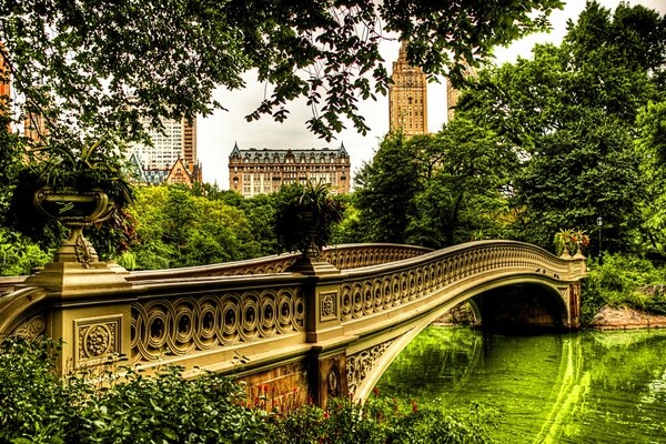 Schöne Brücke über den Fluss, umgeben von viel Grün