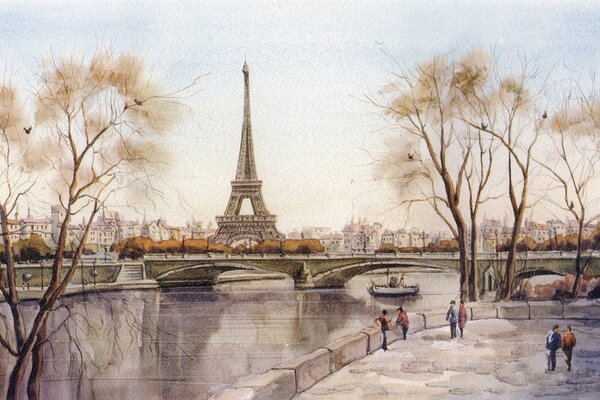 Рисунок города Париж Эйфелева башня