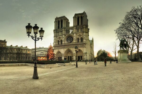 Place d hiver de Paris avec la Cathédrale notre-Dame de Paris et le monument à Charles le Grand