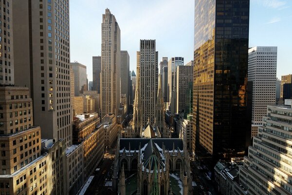 The magnificent skyscrapers of Manhattan, shining in the rays of the morning sun