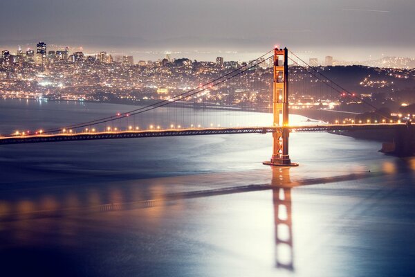The bridge in San Francisco burns with golden lights at night