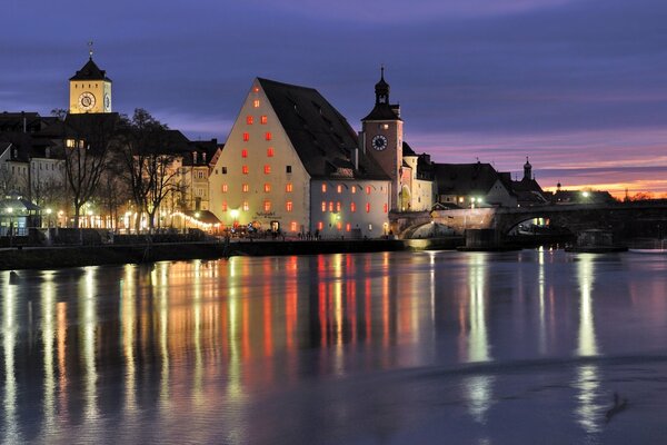 Night city in Germany with a chapel