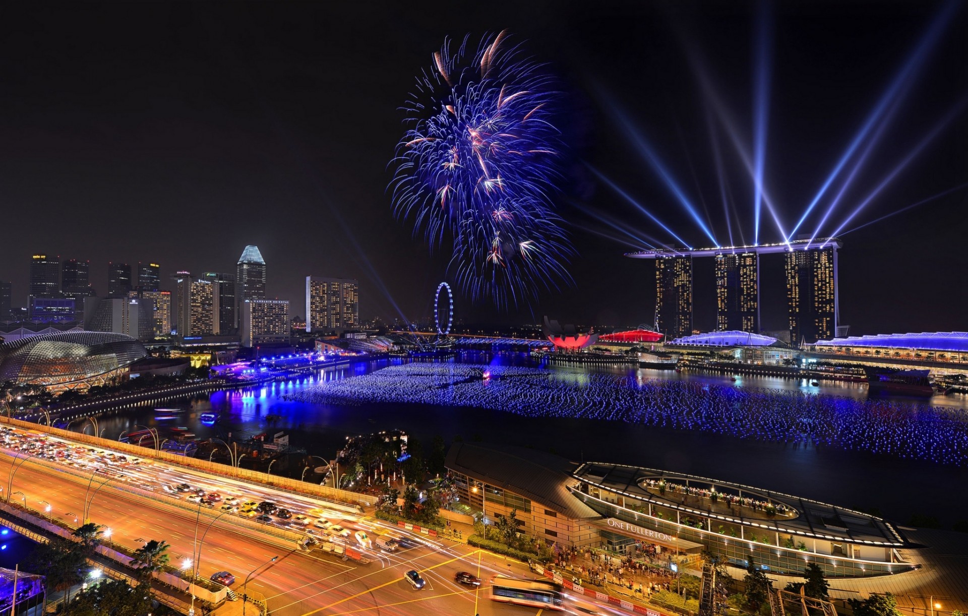 metrópolis noche año nuevo singapur vacaciones fuegos artificiales ciudad agua marina bay sands 2014