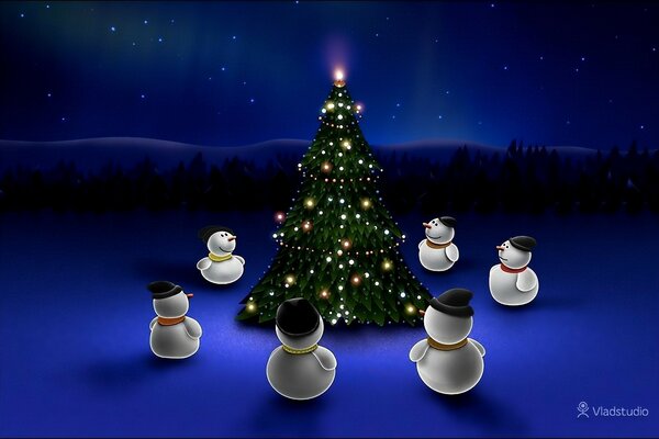 Danza rotonda di pupazzi di neve intorno all albero di Natale