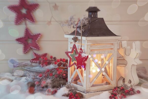 Świąteczna Lampion ze świeczkami z reniferem i gwiazdami