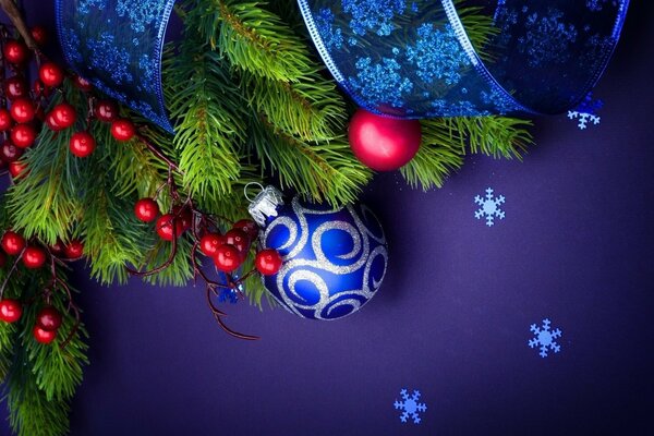 Christmas balls on the branches of a fir tree