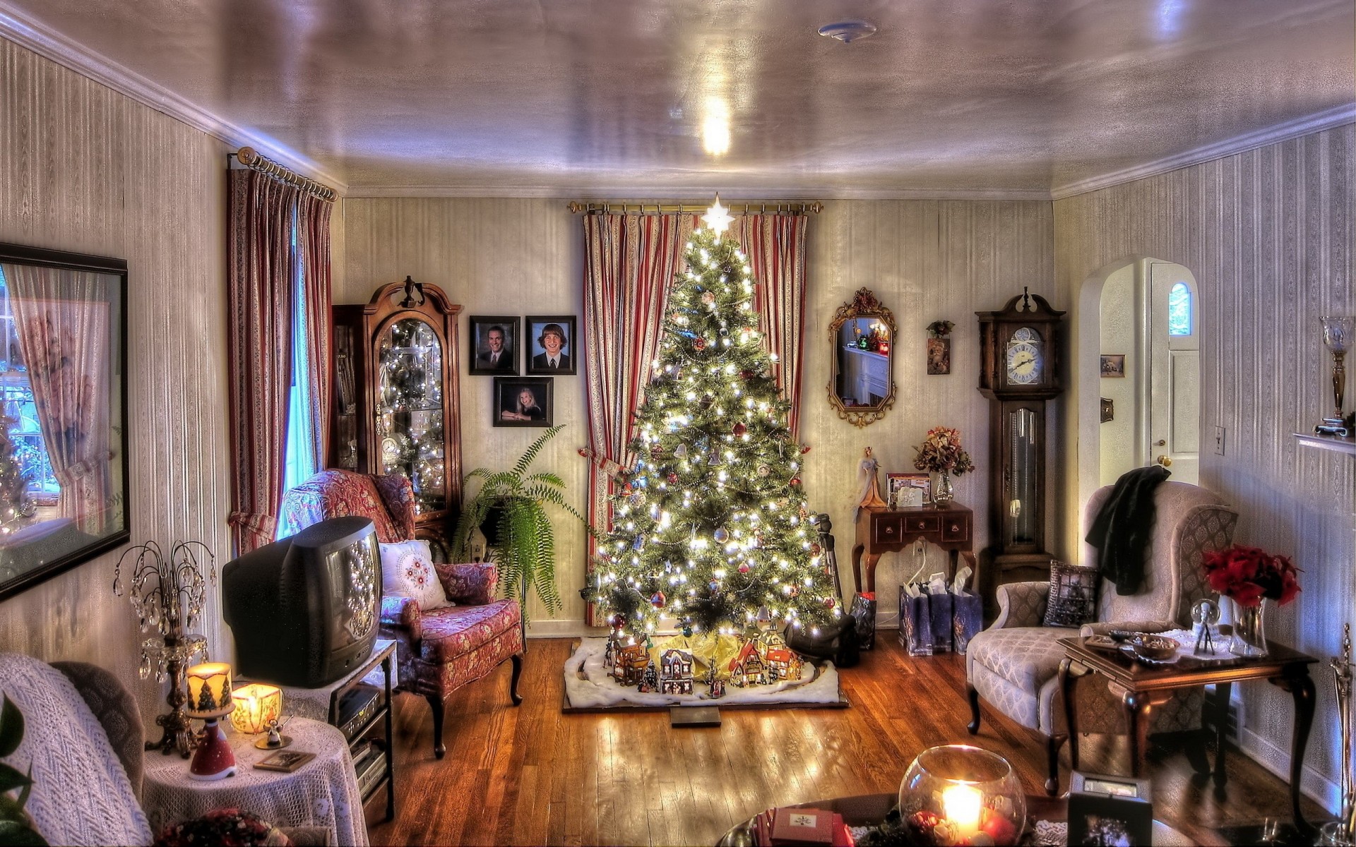 árbol de navidad luces año nuevo guirnalda decoraciones velas juguetes