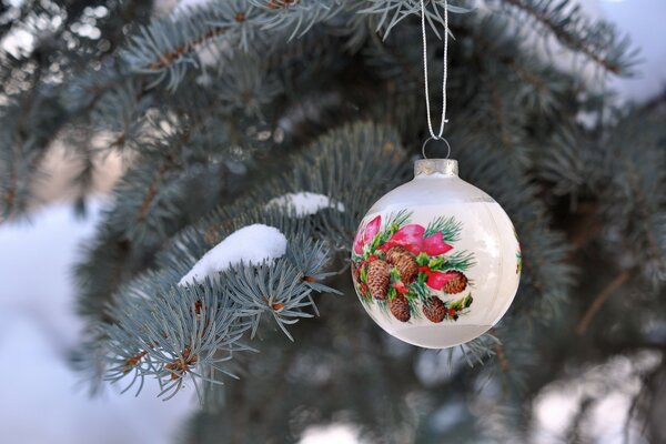 White Christmas ball hanging on the Christmas tree