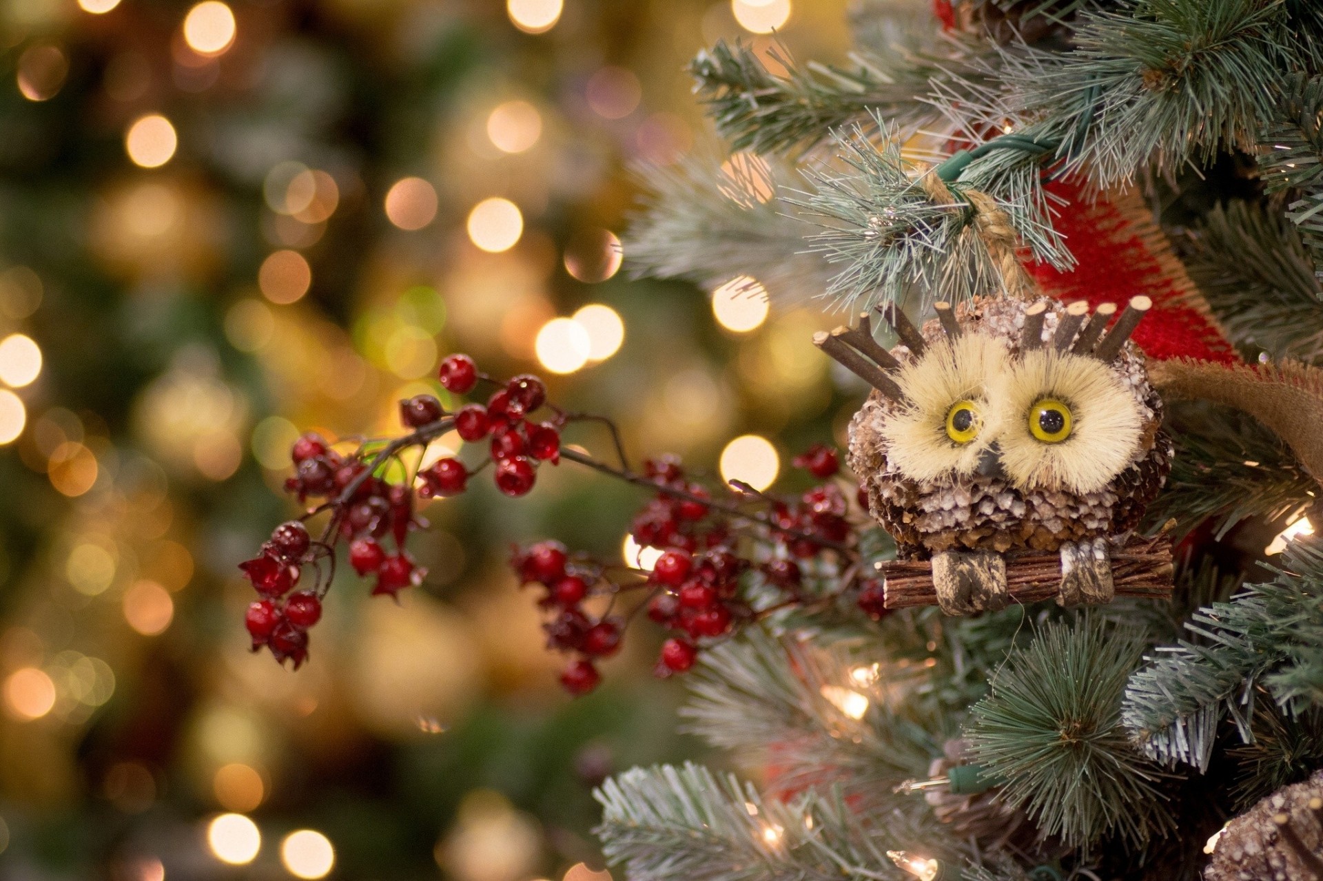 árbol de navidad bayas búho juguetes búho