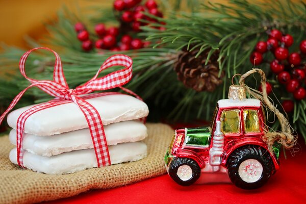 New Year s ginger gift cookies. Christmas tree toy tractor