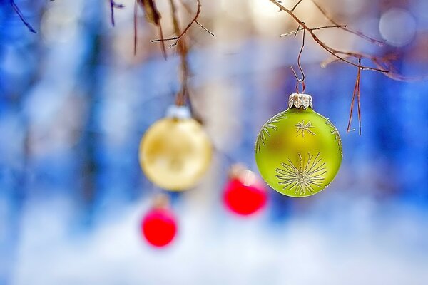 Christbaumkugeln sind rot, gold und grün