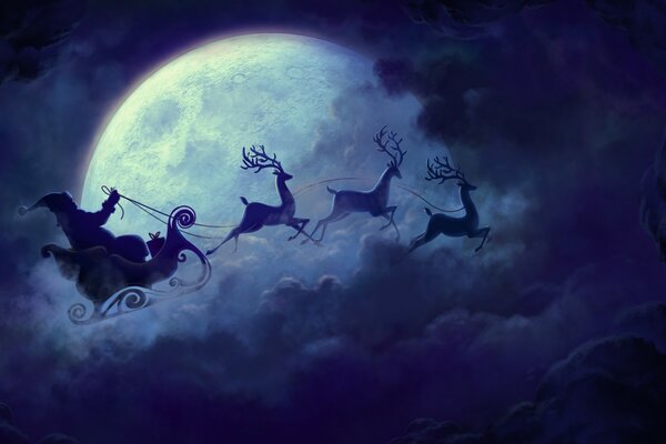 Santa Claus is racing on reindeer