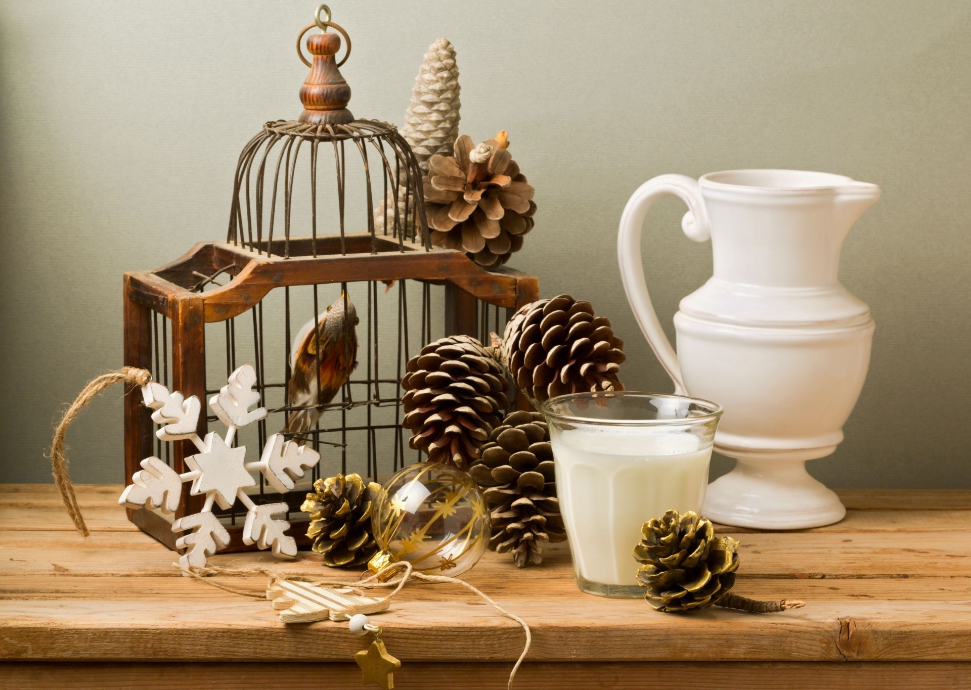 schneeflocke milch kugel vögel krug glas käfig zapfen