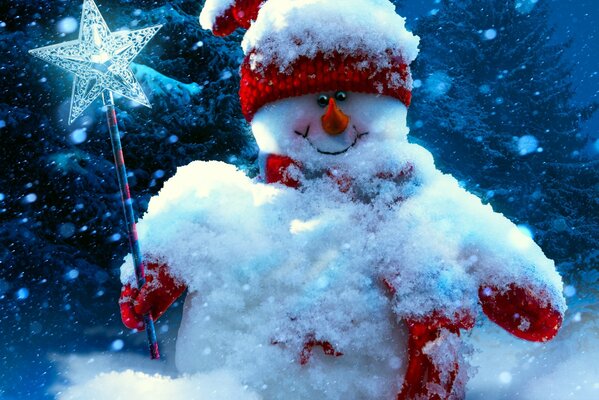 Снеговик в шапке и шарфе держит волшебную палочку