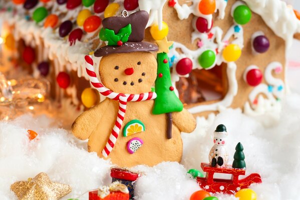 Edible snowman at the gingerbread house