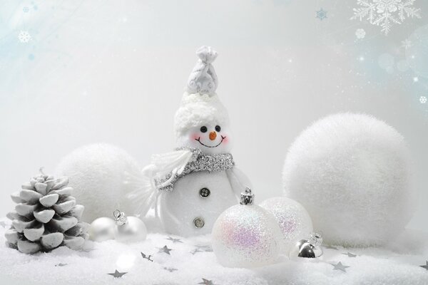 Игрушечный снеговик рядом с белыми ёлочными шарами