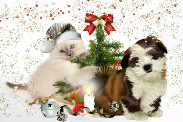 Cat and dog with a Christmas tree