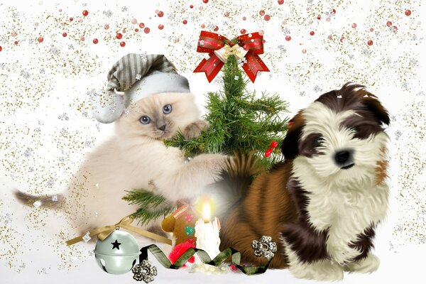 Chat et chien avec arbre de Noël