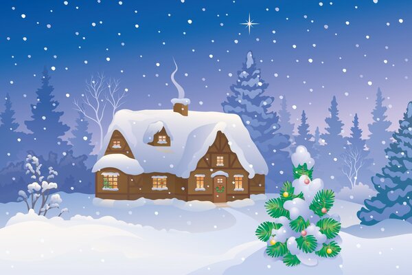Una casa en la nieve en un claro y un árbol de Navidad en juguetes