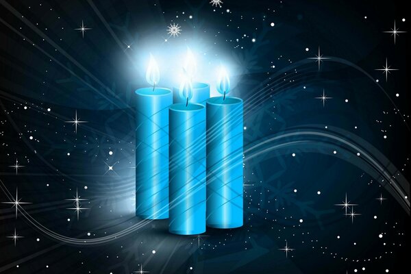 Velas ardientes azules contra el cielo nocturno y las estrellas