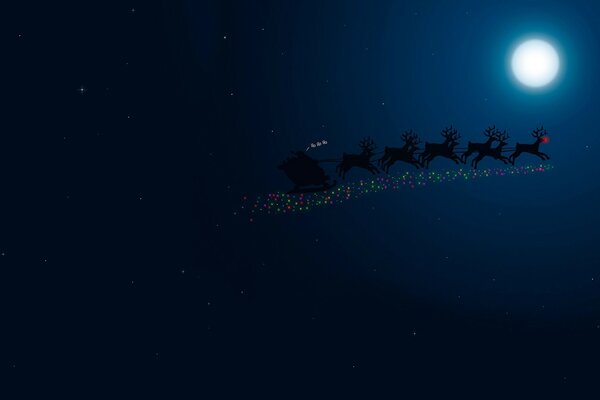 Święty Mikołaj latający na reniferach po nocnym niebie oświetlonym księżycem