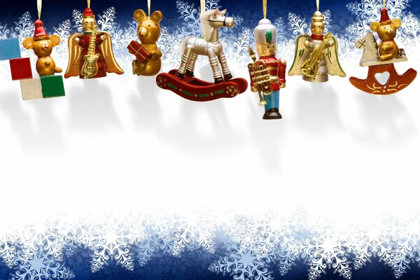 Jouets de Noël sous la forme de figurines d animaux de couleur dorée dans la partie supérieure, fond blanc au milieu, haut et bas sur fond bleu flocons de neige blancs