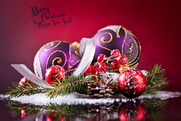 Purple Christmas balls on a red background