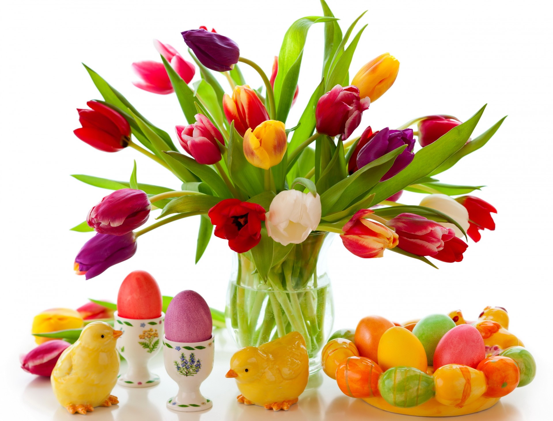 easter toys white background eggs tulip